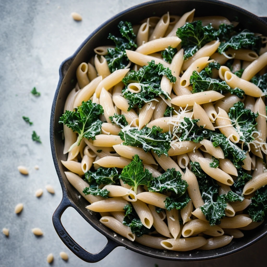 golden pasta with vibrant green kale and white beans in a creamy sauce, sprinkled with cheese in a skillet