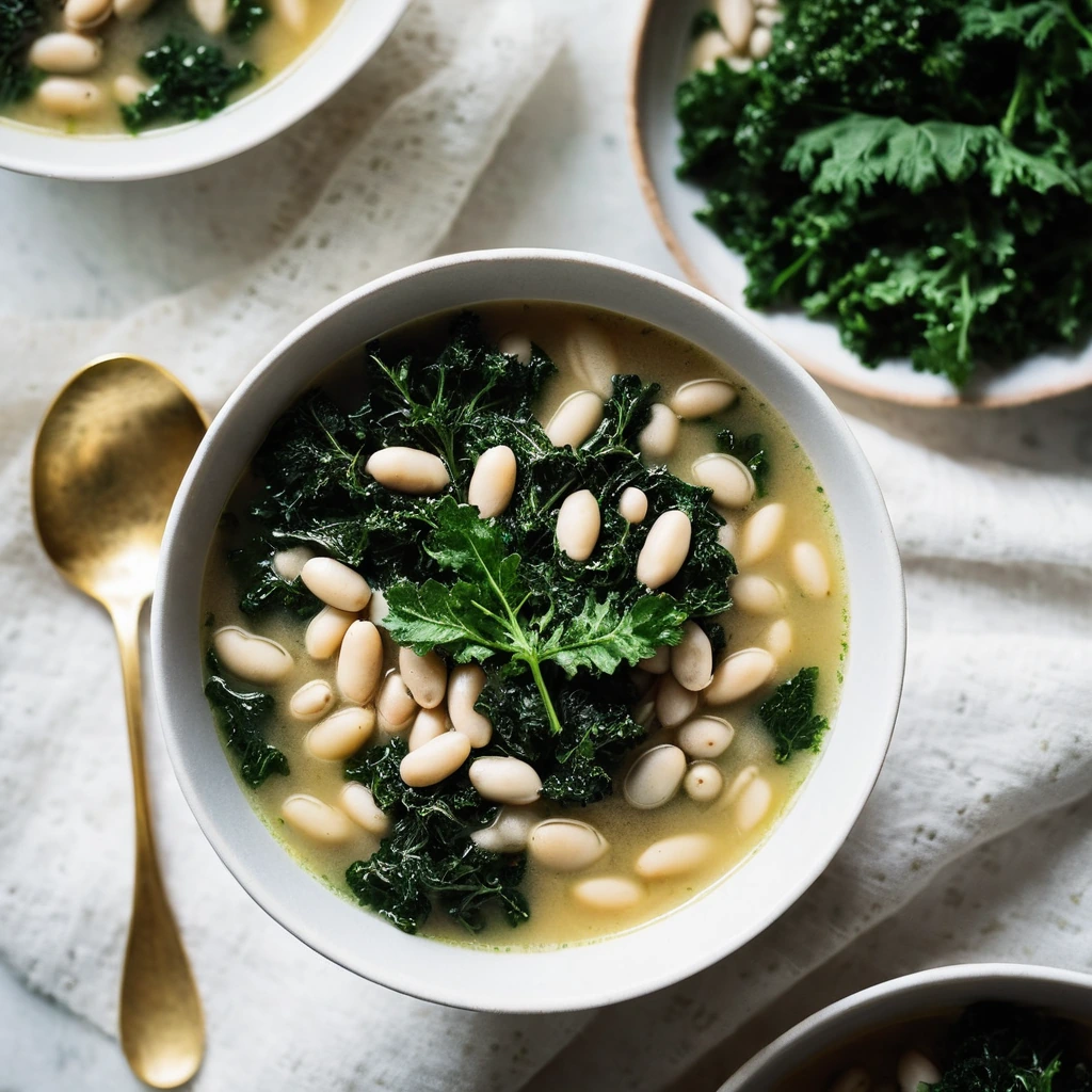 Bowl of vibrant green kale and creamy white beans in a golden broth, garnished with fresh herbs.