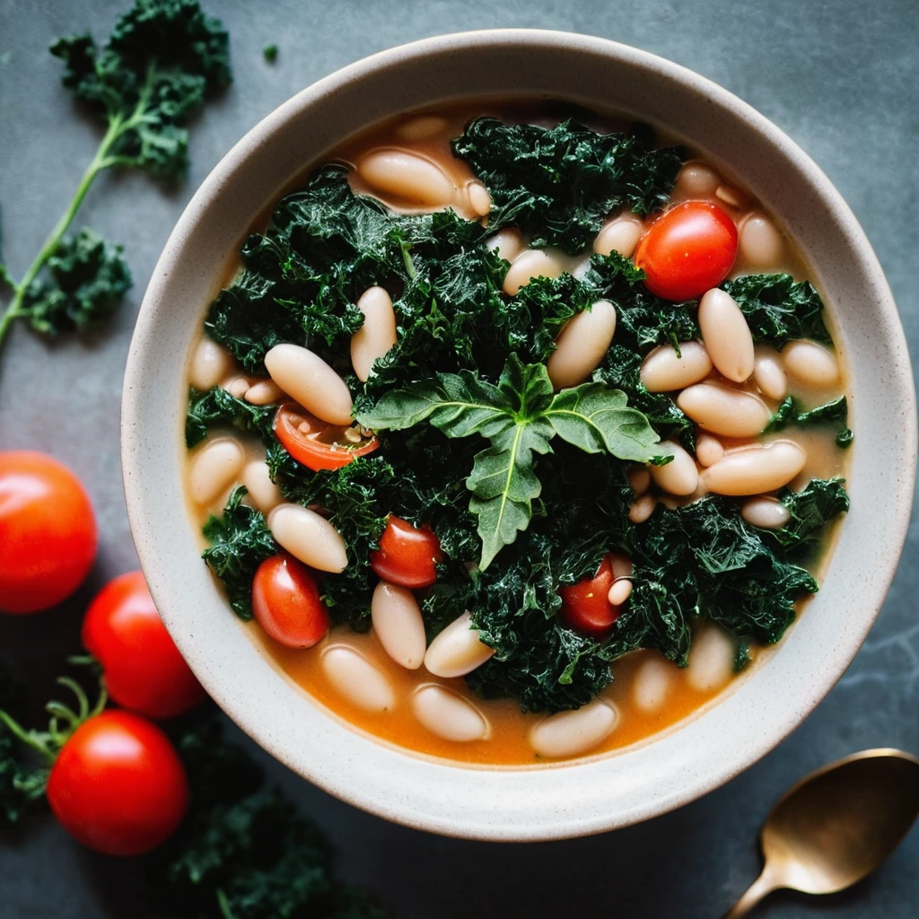 Bowl of vibrant green kale, white beans, and red tomatoes in a golden broth.