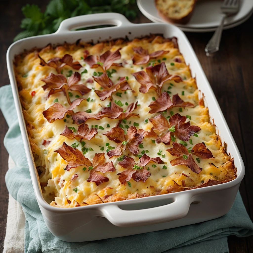 Golden-brown casserole in a rectangular baking dish, topped with melted cheese and crispy bacon.