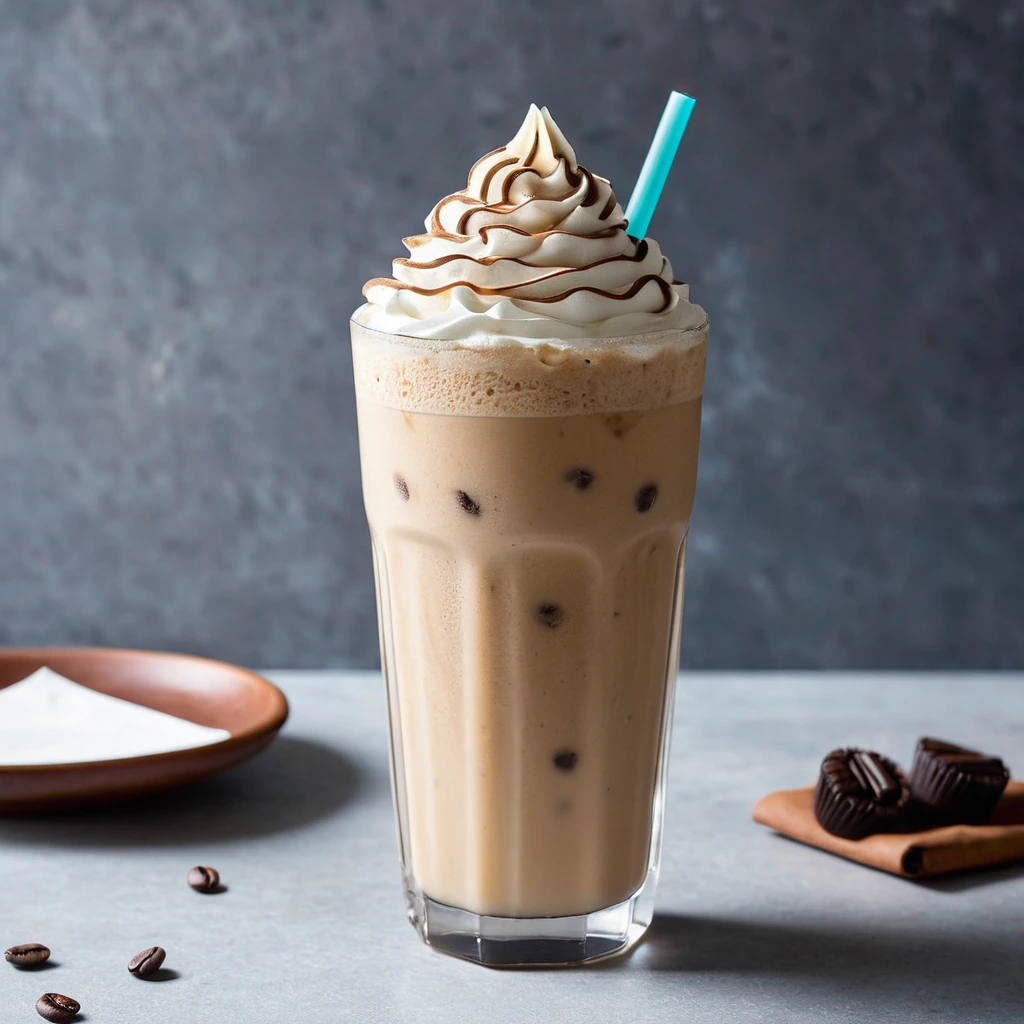 Tall glass of thick, creamy coffee frappe with a swirl pattern, garnished with a sprinkle of cinnamon and a coffee bean.