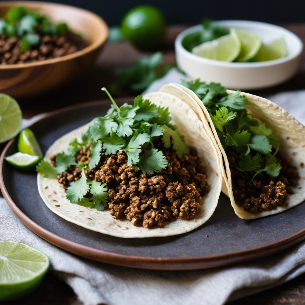 Rustic bowl of brown vegan taco meat topped with fresh cilantro and lime wedges.
