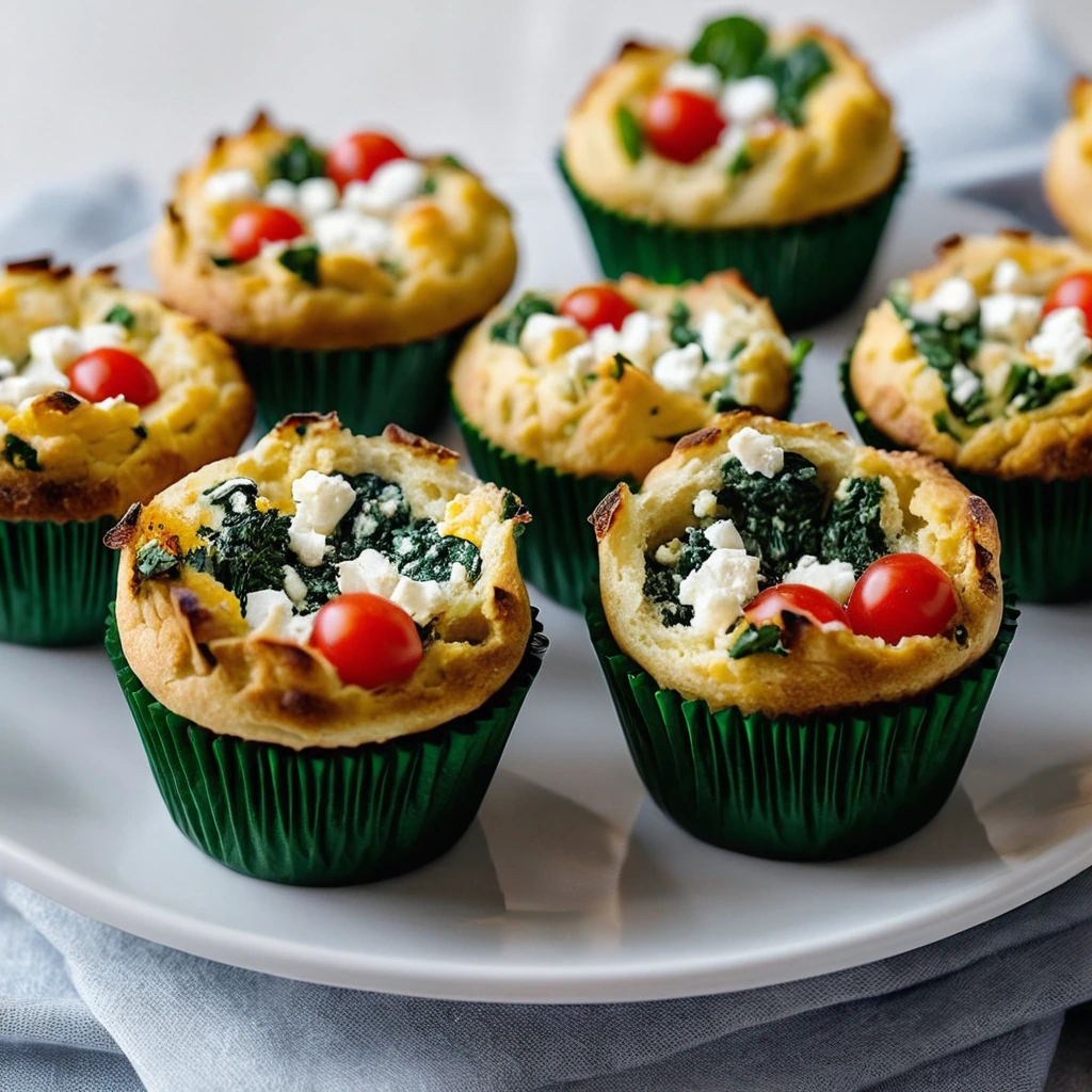 Muffin tin filled with golden egg cups, speckled with green spinach and red tomatoes, topped with white feta crumbles.
