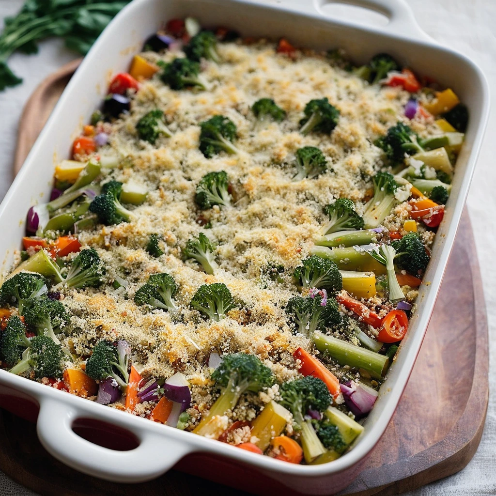 Golden casserole dish with a layer of melted Parmesan cheese on top, filled with colorful vegetables and quinoa.