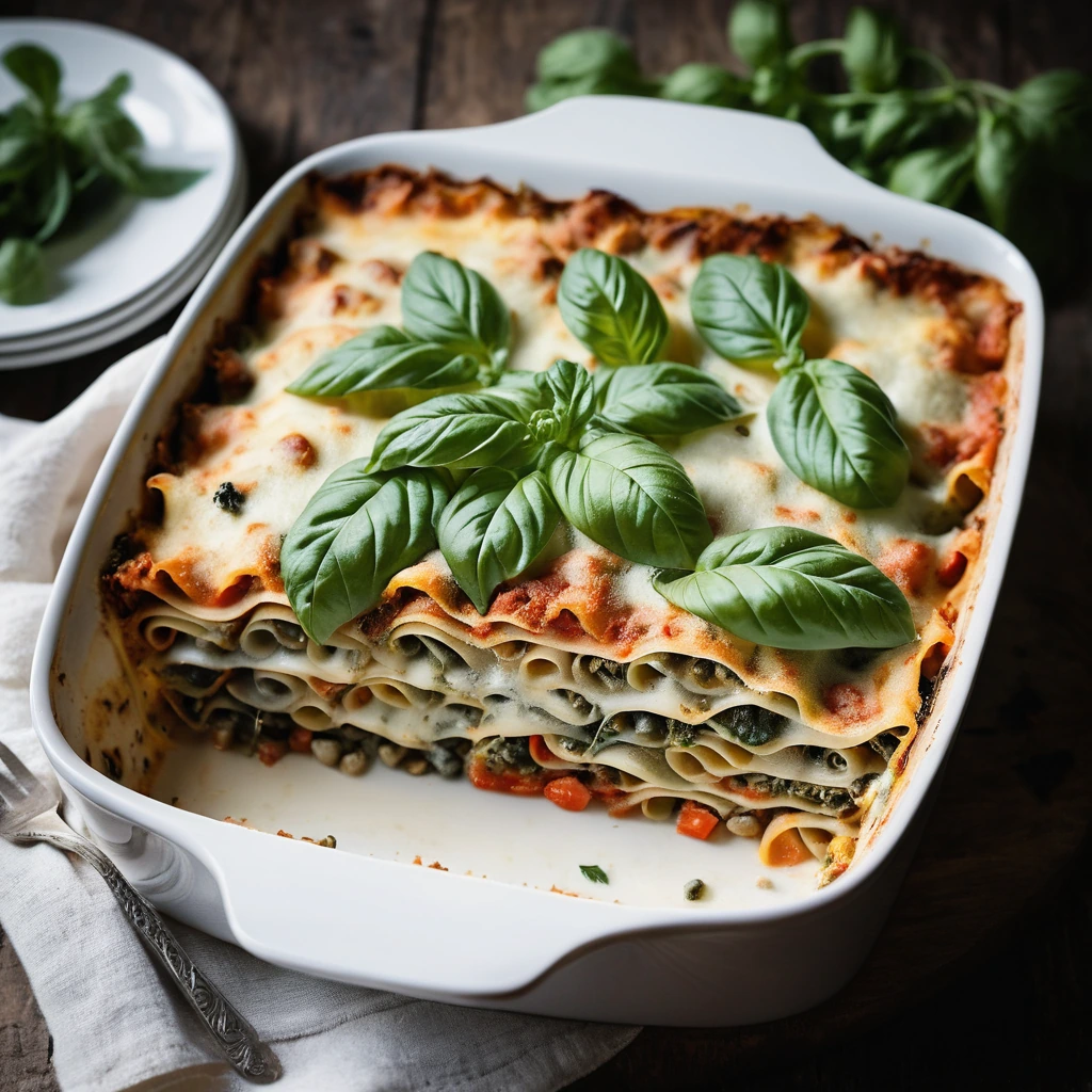 A bubbling casserole dish with layers of vegetables, pasta, and melted cheese, sprinkled with Parmesan.