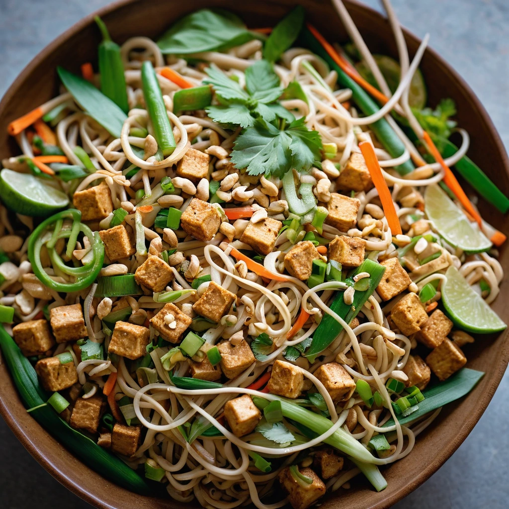 Colorful stir-fried noodles in a large bowl with tofu, vegetables, and peanuts on top