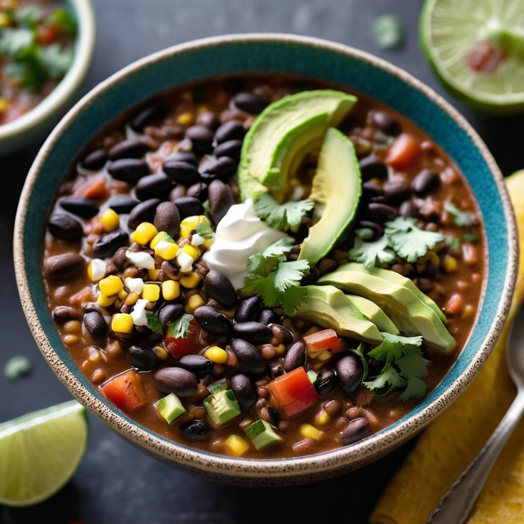 Steamy bowl of taco soup with black beans, corn, diced tomatoes, and green onions garnished with avocado and cilantro.