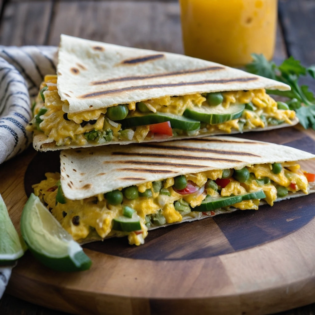 Two golden quesadillas cut into wedges, filled with melted cheese, scrambled eggs, and diced veggies on a rustic wooden board.