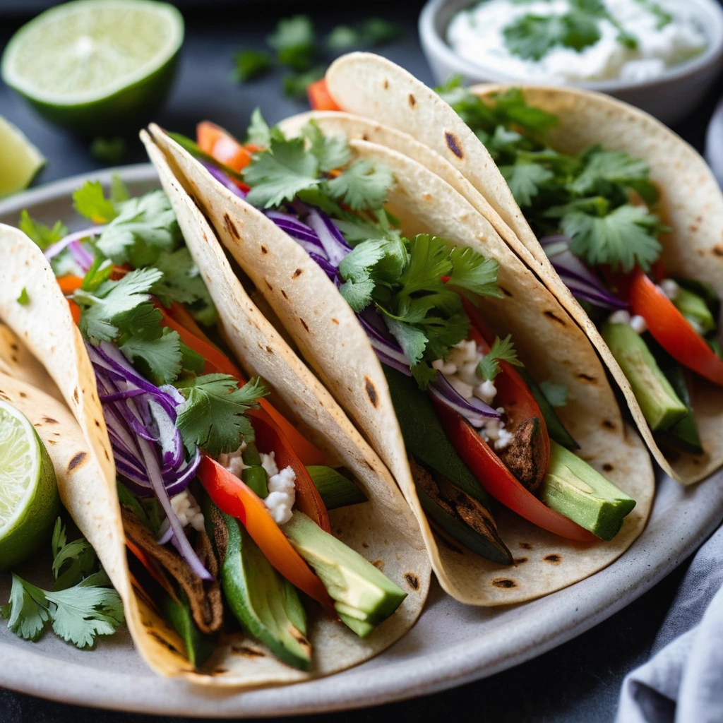 Colorful veggie fajitas piled high in tortillas with fresh cilantro garnish.