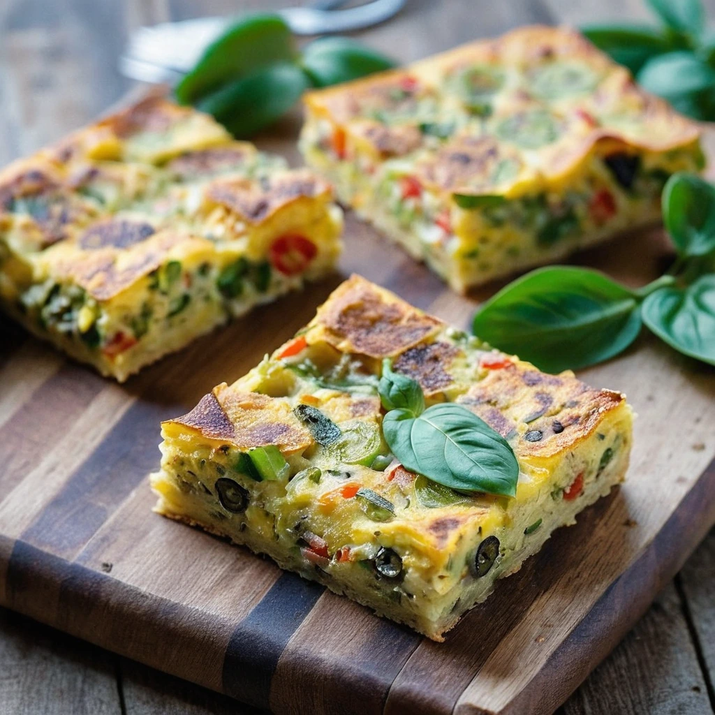 Golden frittata squares with green bell peppers, red onions, and melted cheddar cheese on a rustic wooden board.