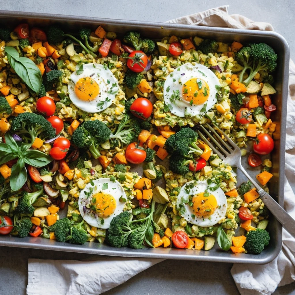 Golden eggs scrambled with colorful roasted vegetables on a sheet pan, garnished with fresh herbs.