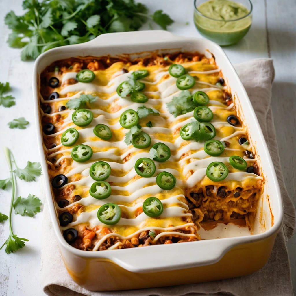 Golden casserole topped with melted cheese and green onions in a rectangular baking dish.