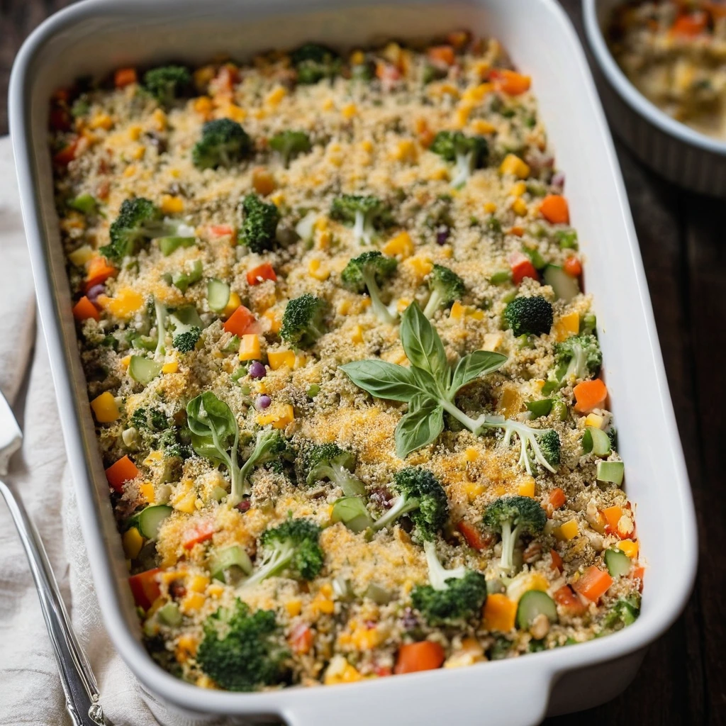 Baked casserole in a rectangular dish with golden cheese crust and colorful vegetables peeking through.