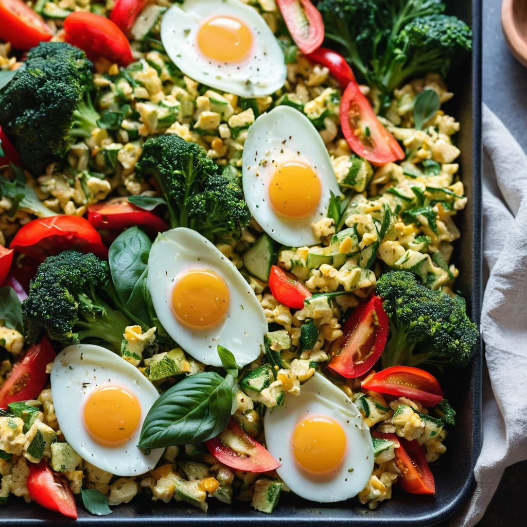 Golden eggs scrambled with roasted red bell peppers, zucchini, and spinach on a sheet pan