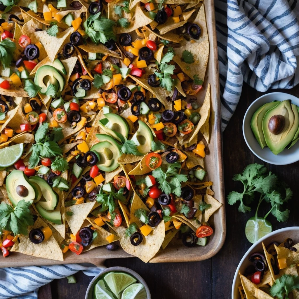 A sheet pan filled with golden tortilla chips, melted orange cheese, and colorful roasted vegetables.