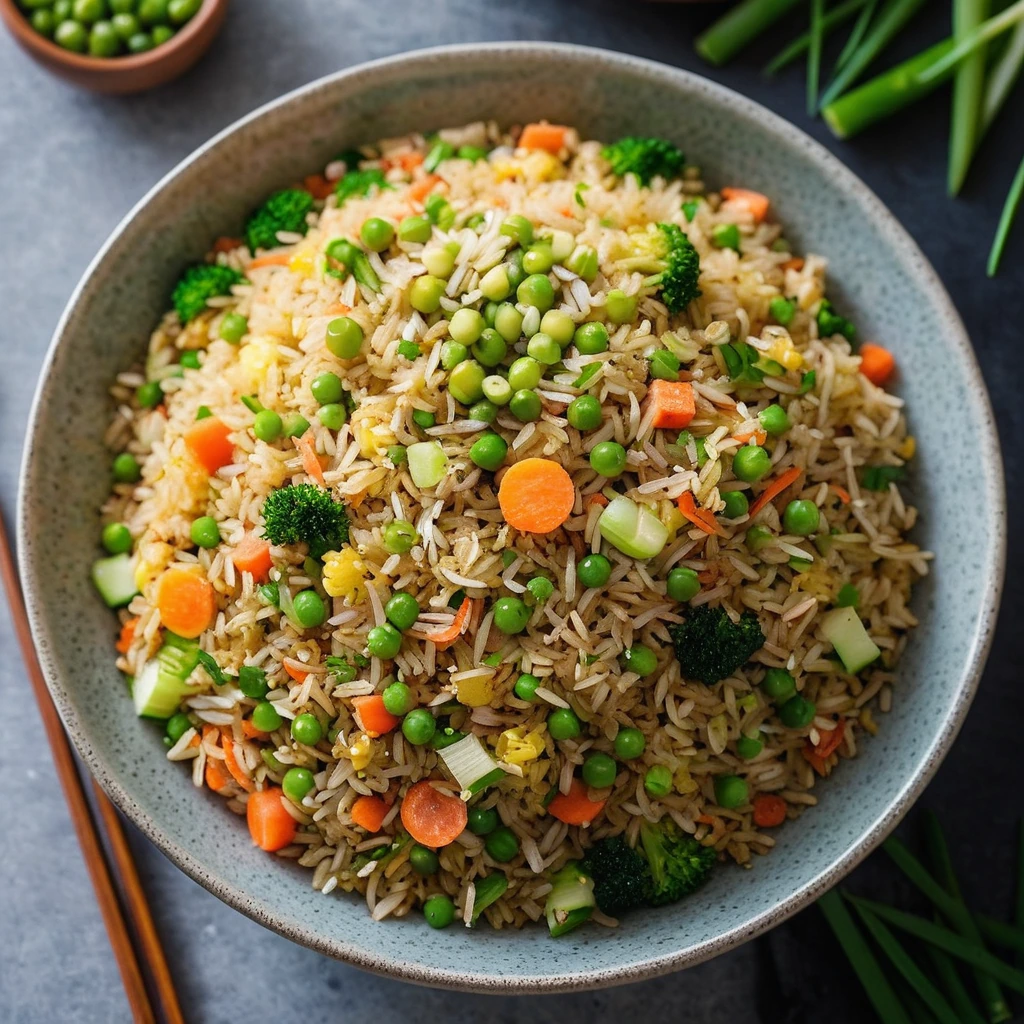 Golden fried rice in a bowl, speckled with green peas, diced carrots, and scrambled egg, garnished with chopped scallions.