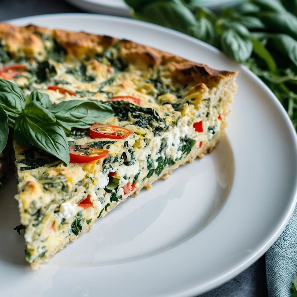 A slice of golden frittata filled with green spinach, red bell peppers, and feta cheese on a white plate.