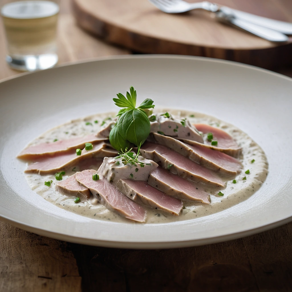 Thin slices of veal topped with a creamy, golden tuna sauce, arranged on a rustic wooden board.