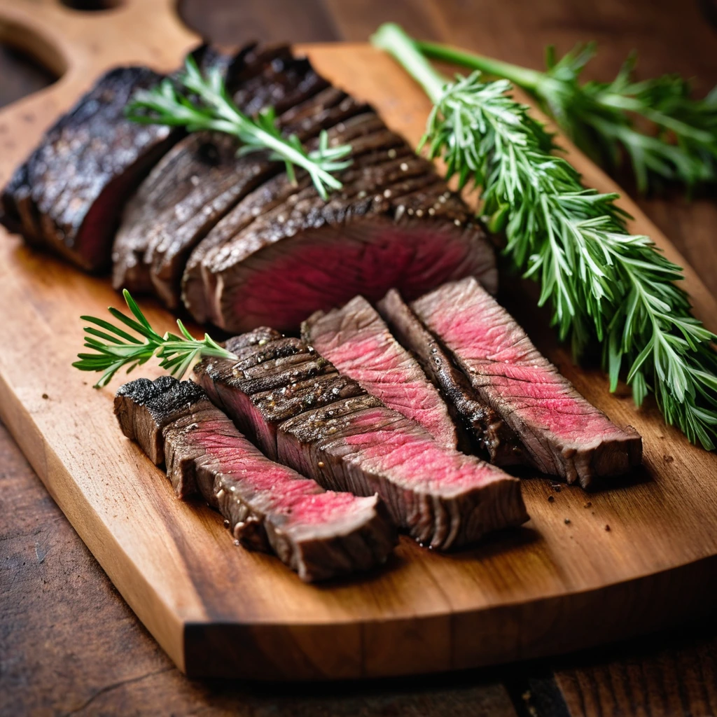 Perfectly seared wagyu steak slices fanned out on a warm, rustic wooden board with a sprinkle of fresh herbs.