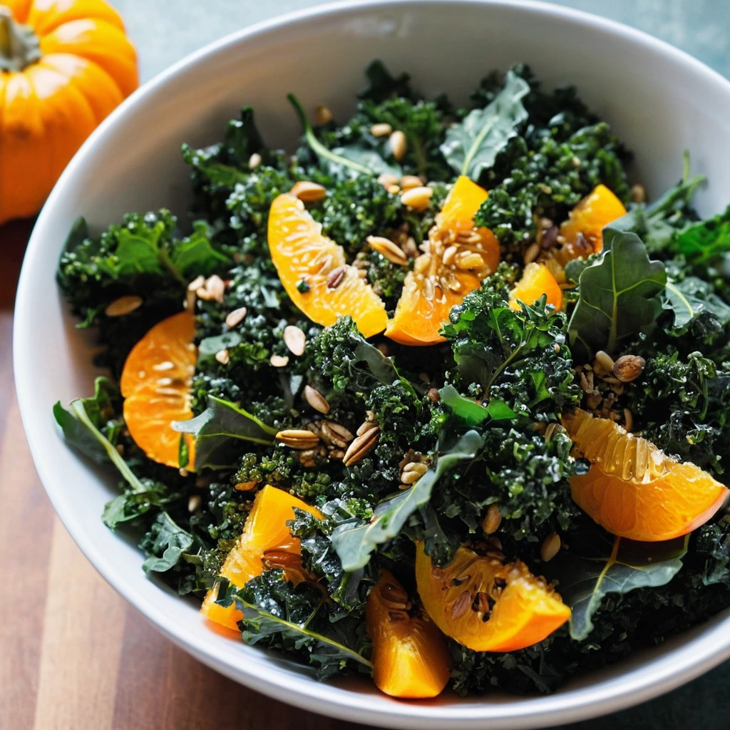 Bowl of warm salad with dark green kale, orange roasted squash cubes, and fluffy quinoa, topped with a drizzle of vinaigrette.