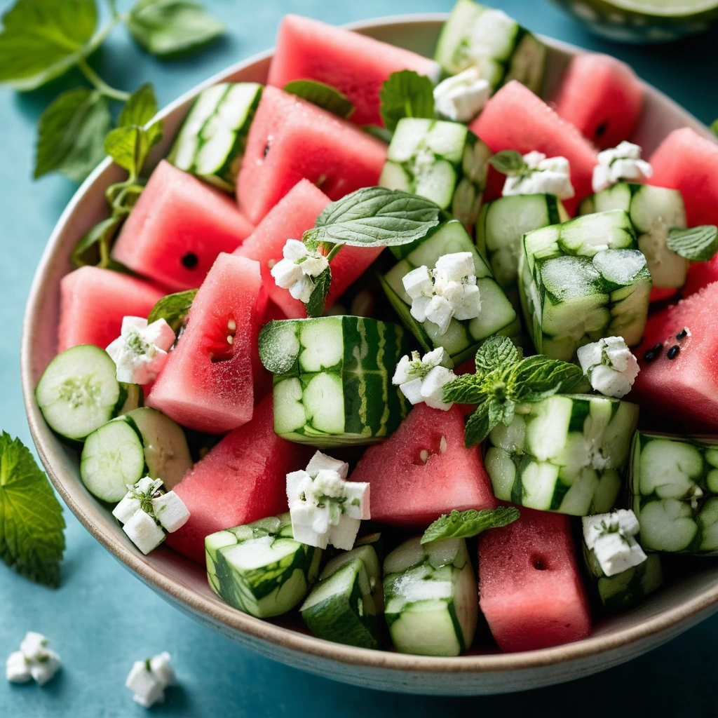A vibrant bowl of diced watermelon, cucumber, and crumbled feta sprinkled with fresh mint leaves.