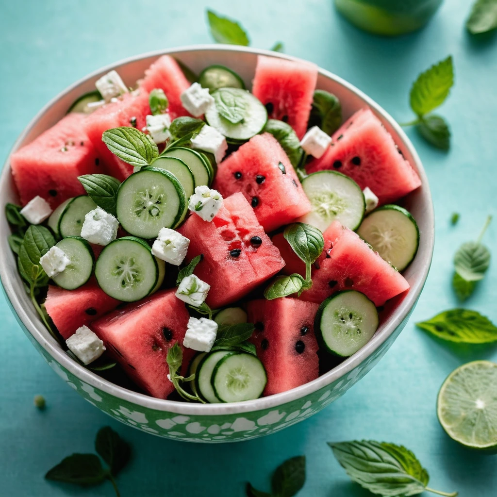 Colorful bowl of cubed watermelon and cucumber with crumbled feta cheese and fresh mint leaves scattered on top.