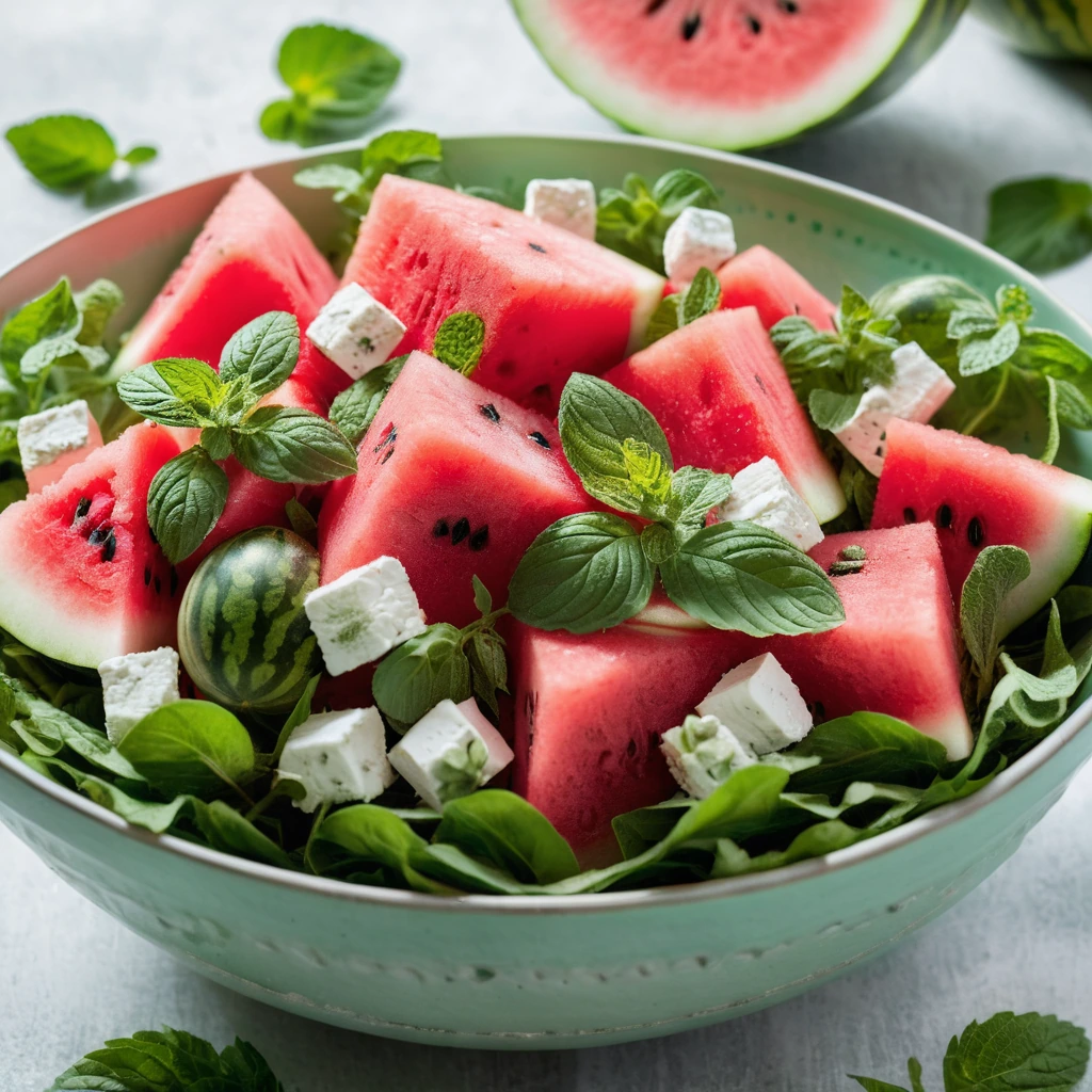 Colorful salad in a shallow bowl with pink watermelon, white feta cheese, and green mint leaves scattered throughout.