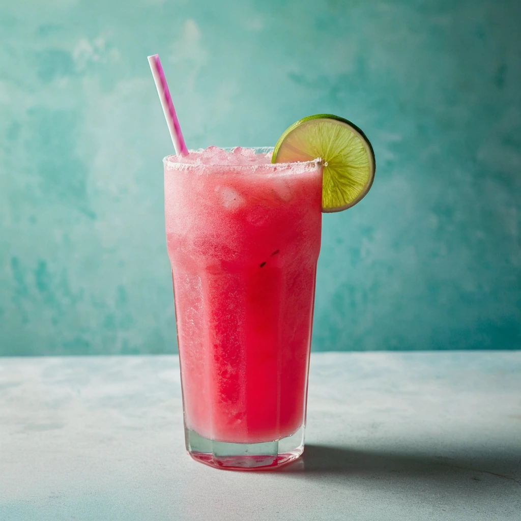 Bright pink slush in a tall glass garnished with a lime wedge.