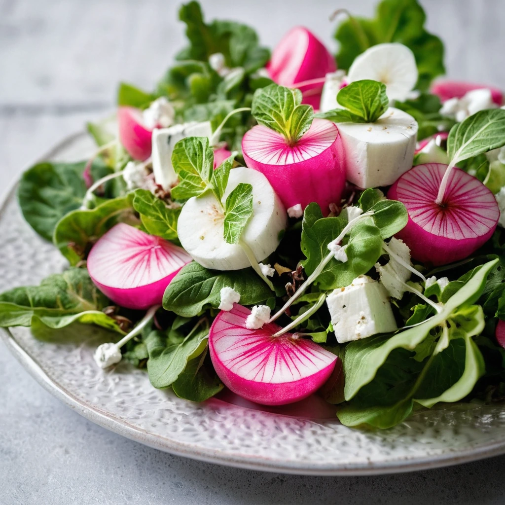 Colorful salad with pink and white watermelon radishes, crumbled white goat cheese on a bed of greens
