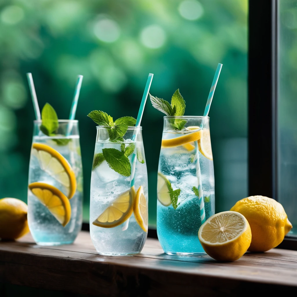 Clear glasses filled with vibrant, fruity water garnished with lemon and mint leaves on a rustic wooden table.