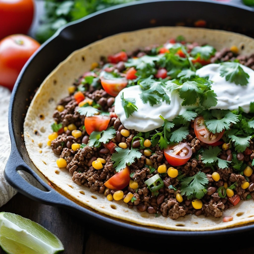 Colorful skillet with ground beef, beans, and melted cheese, garnished with fresh cilantro and diced tomatoes.