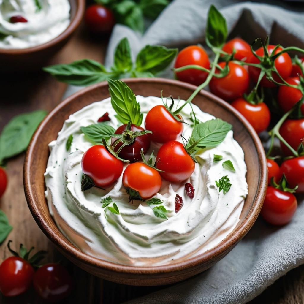 A bowl of creamy whipped feta dip garnished with red roasted cherry tomatoes and fresh herbs on a rustic wooden board.