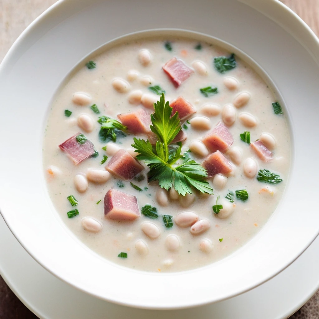 Bowl of creamy white bean soup with chunks of ham, garnished with fresh parsley