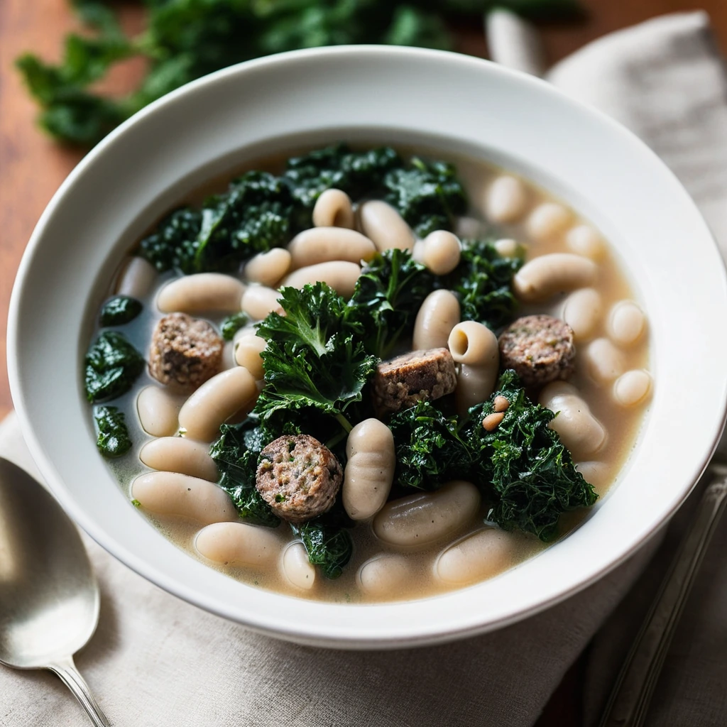 A steamy bowl of vibrant green kale and white beans with crumbled sausage