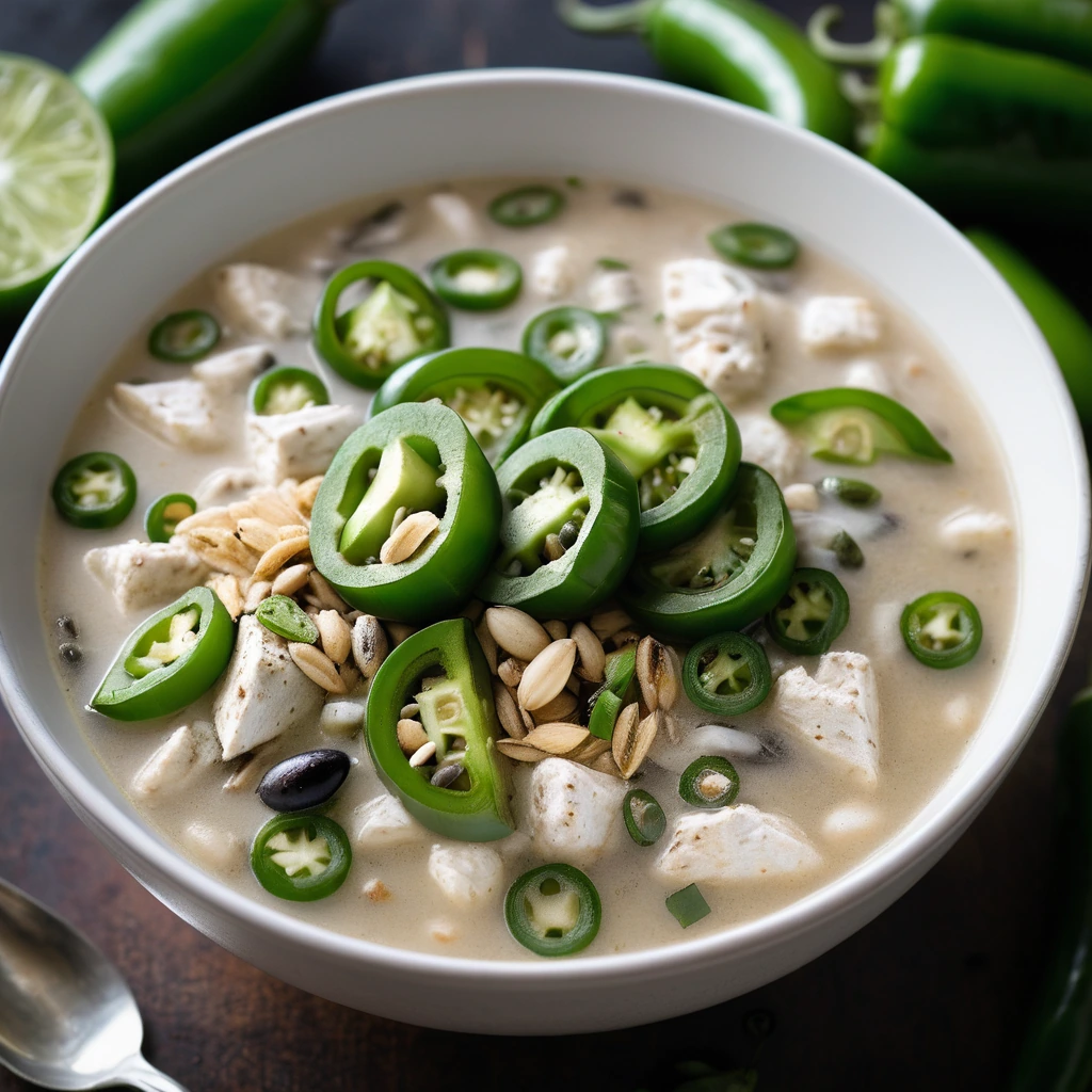 Steamy white chili in a bowl with green onions and charred jalapeños on top