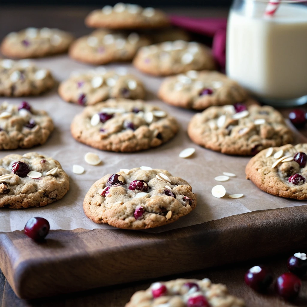 Golden brown cookies on a rustic wooden board, sprinkled with white chocolate chips and cranberries.