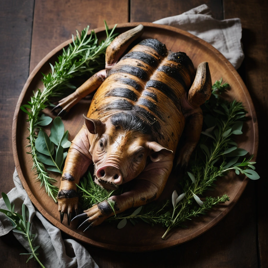 Whole roasted pig with crispy golden skin, served on a rustic platter with fresh herbs scattered around.