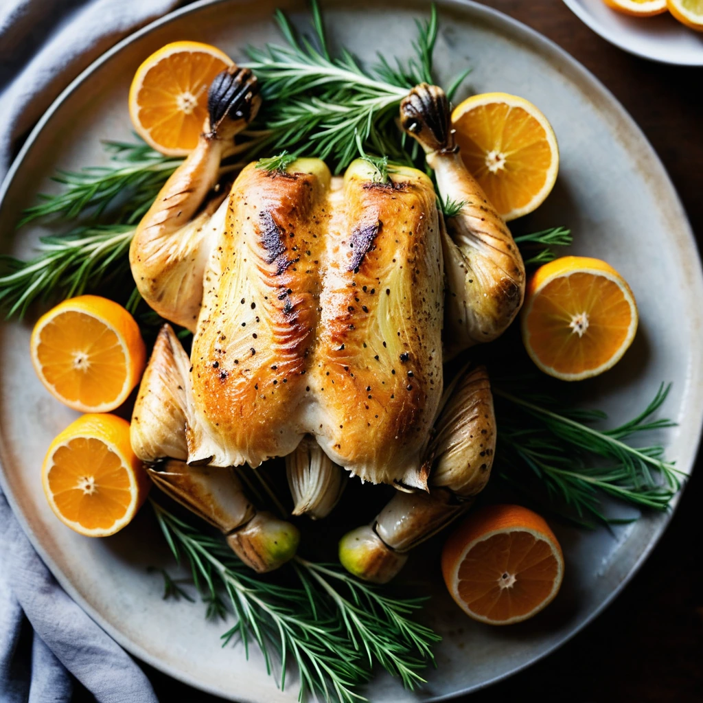 Golden roasted chicken with vibrant citrus slices and fresh fennel sprigs on a rustic platter.