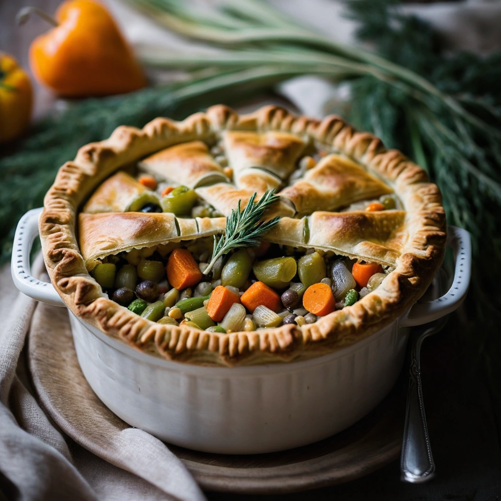 Golden pot pie with flaky crust, filled with colorful winter vegetables and barley