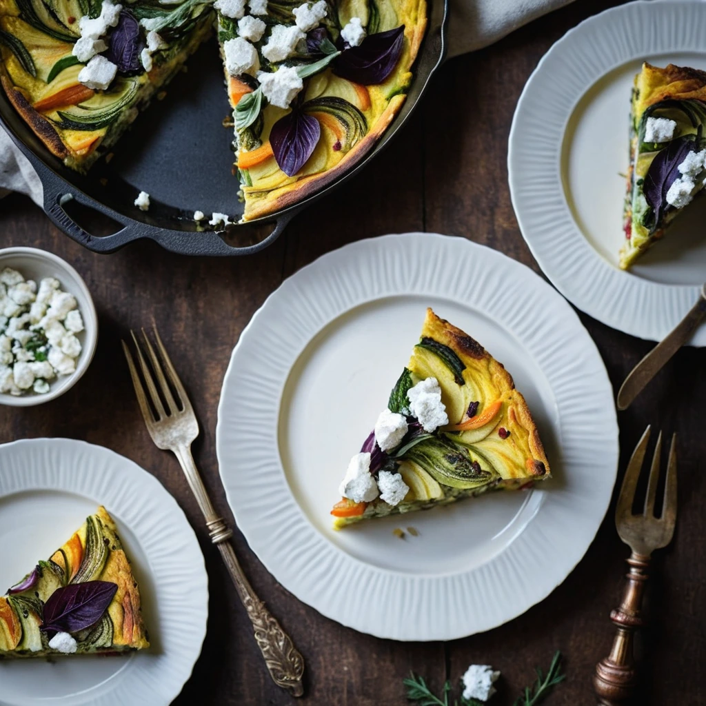 A rustic, round frittata sliced into wedges, revealing layers of colorful roasted vegetables and melted goat cheese.
