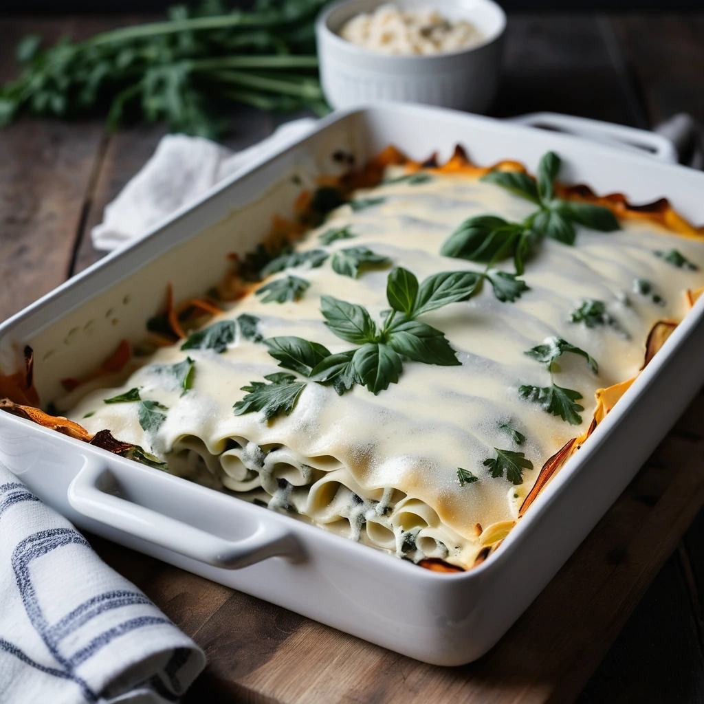 Golden lasagna in a baking dish, topped with melted cheese and a sprinkle of parsley, served in a rustic wooden tray.