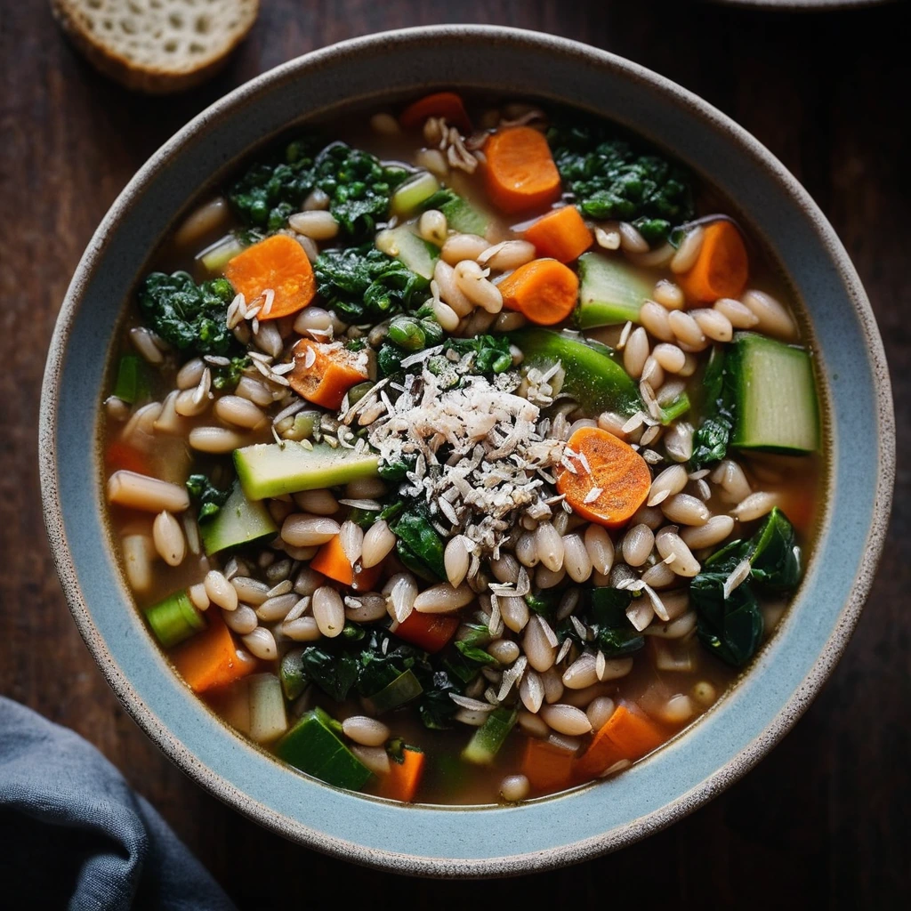 Steaming bowl of minestrone soup with chunks of vegetables and farro, sprinkled with Parmesan.