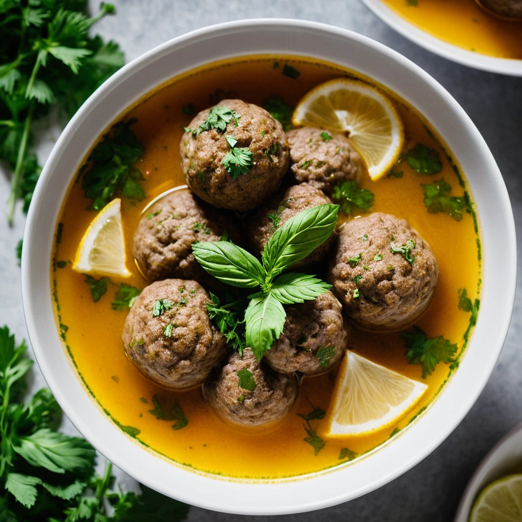 Bowl of meatball soup with golden broth, lemon slice garnish, and fresh parsley.
