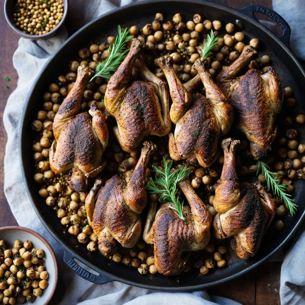 Golden roasted chicken legs nestled among caramelized chickpeas on a rustic baking sheet, sprinkled with za'atar.