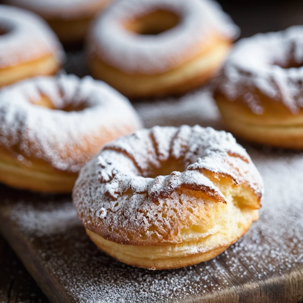 Golden fried doughnuts dusted with powdered sugar on a rustic wooden board