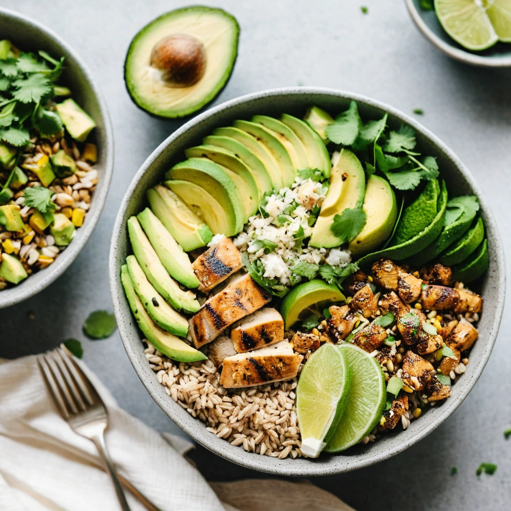 Colorful grain bowls with grilled chicken, avocado slices, and a zesty lime drizzle.