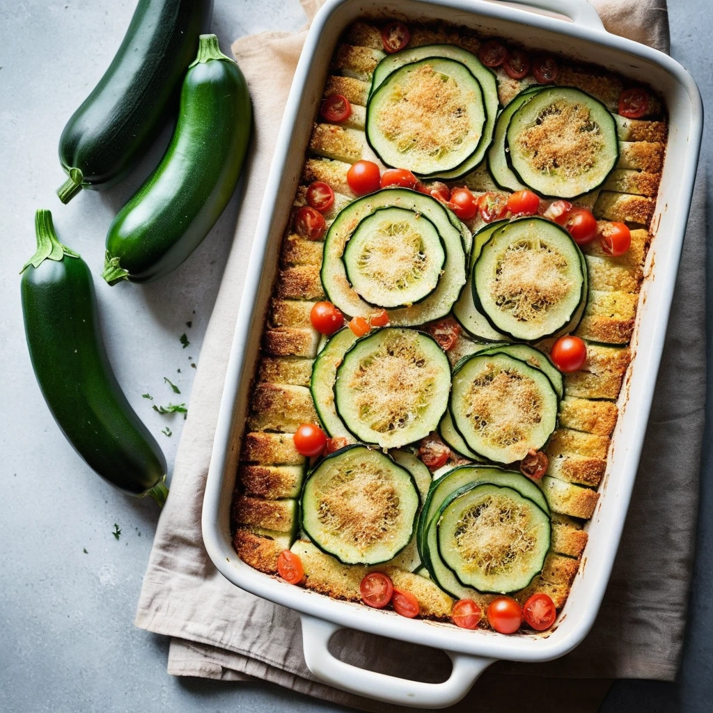 A rectangular baking dish filled with layers of zucchini and tomato slices topped with a golden Parmesan crust.