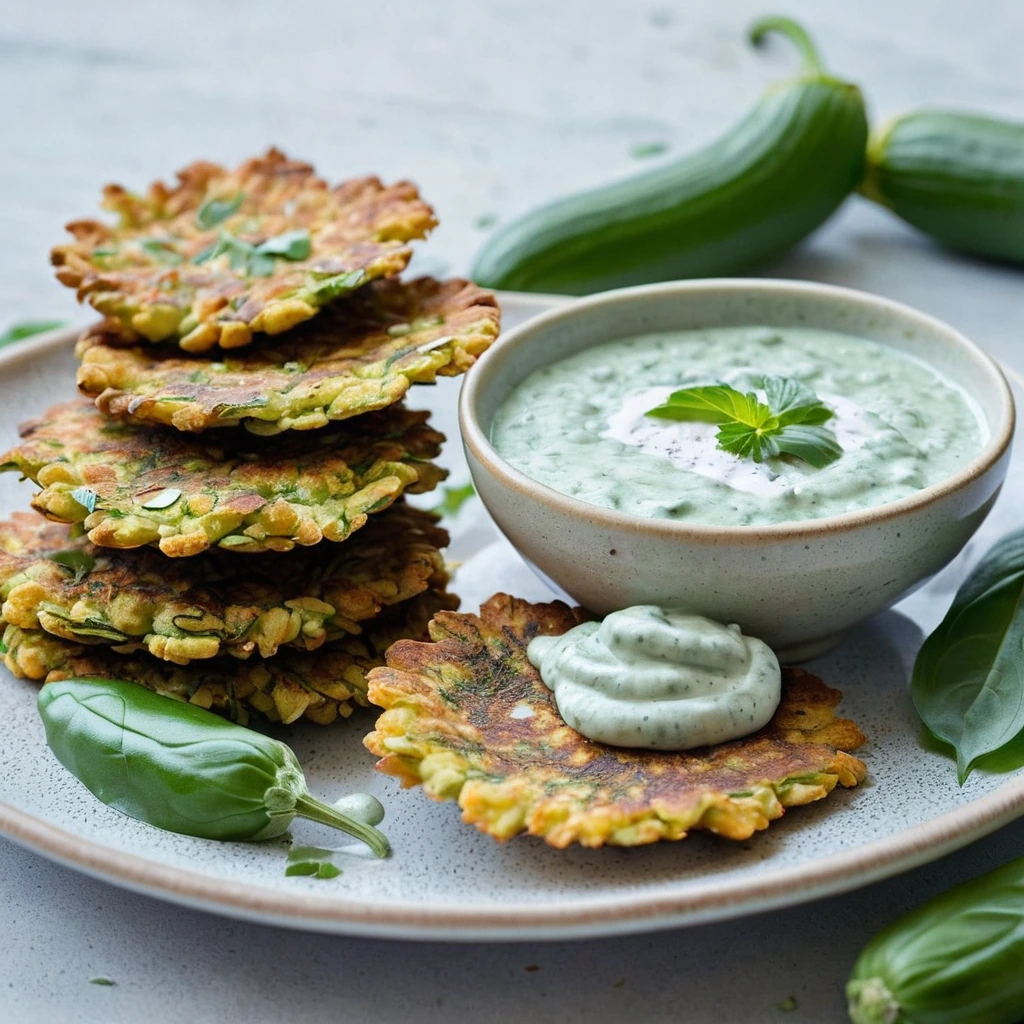 Golden fritters on a white plate with a small bowl of green-speckled yogurt sauce.