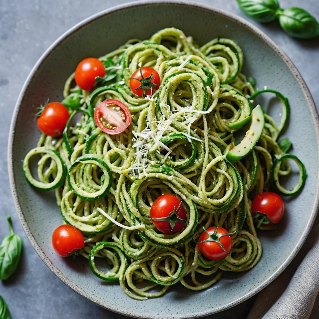 Plump zucchini noodles twirled in a bright green pesto, topped with cherry tomatoes, snap peas, and shavings of Parmesan.
