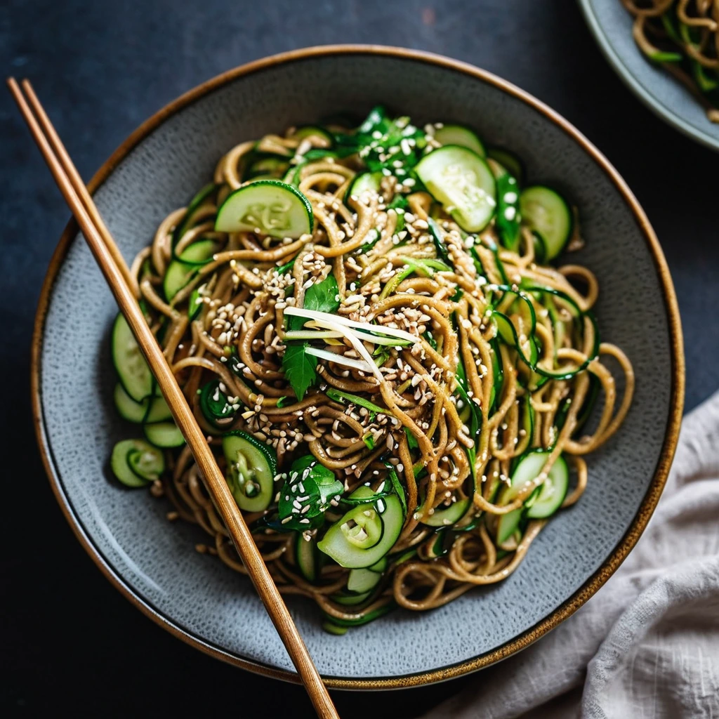 Green zucchini noodles in a glossy brown sauce, garnished with sesame seeds and green onions.